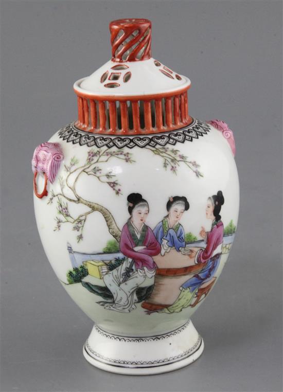An unusual shape Chinese famille rose ovoid vase and cover, Republic period, height 18.5cm